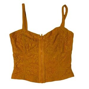 Charlotte Russe Mustard Yellow Lace- zip-Up Crop Top - Size Small